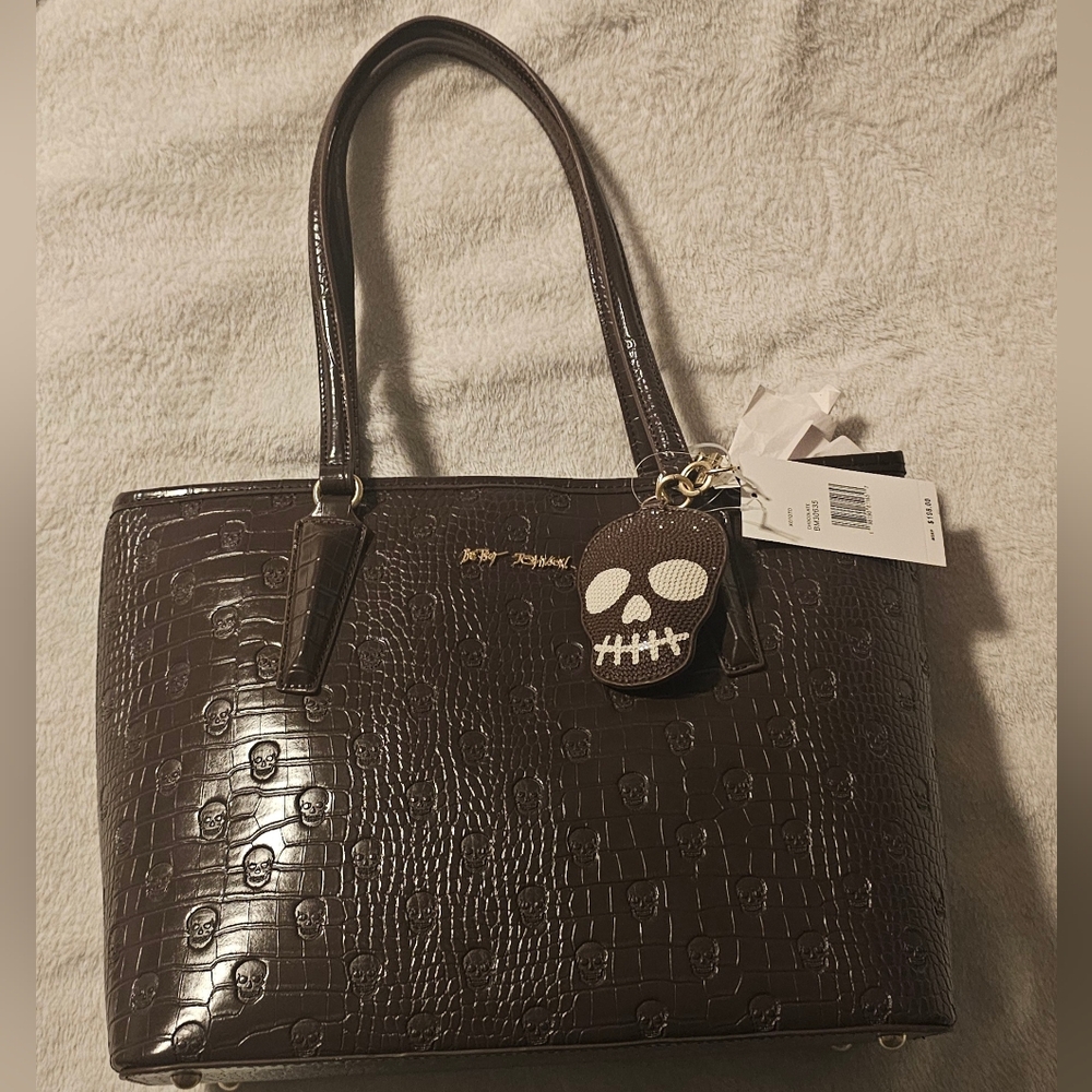 Betsey Johnson Dark Brown Skull Embossed Tote